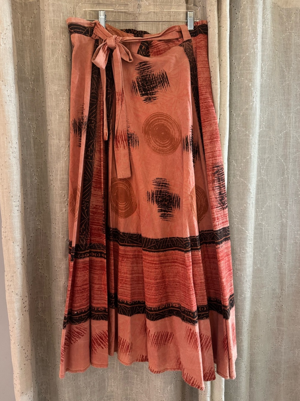 Vintage-Inspired Rust Wrap Maxi Skirt with Black Accents